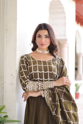 Mehandi Sequins & Zari Embroidered Gown & Dupatta 4