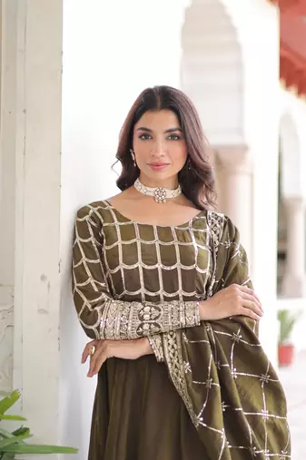 Mehandi Sequins & Zari Embroidered Gown & Dupatta