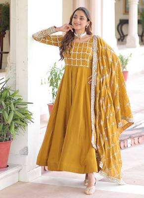 Mustard Sequins & zari Embroidered Gown & Dupatta 2
