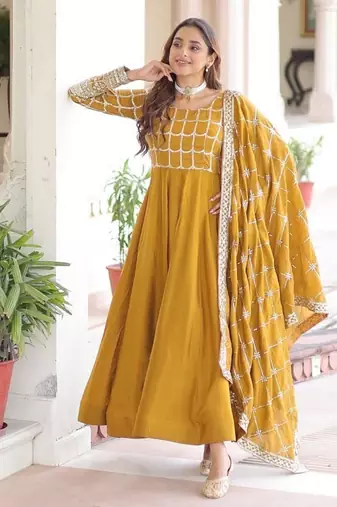 Mustard Sequins & zari Embroidered Gown & Dupatta