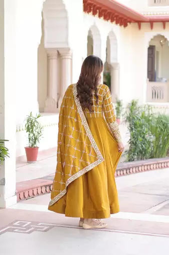 Mustard Sequins & zari Embroidered Gown & Dupatta