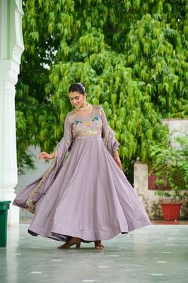 Onion Vichitra Silk Embroidered Gown & Dupatta 1