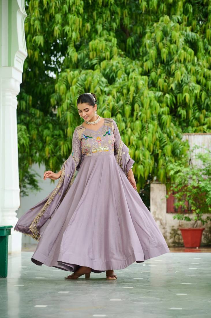 Onion Vichitra Silk Embroidered Gown & Dupatta