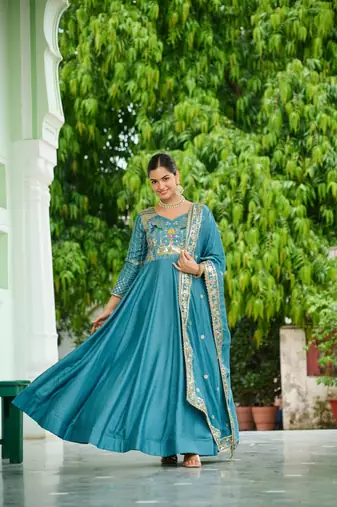 Blue Vichitra silk Embroidered Gown & Dupatta