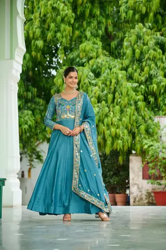 Blue Vichitra silk Embroidered Gown & Dupatta