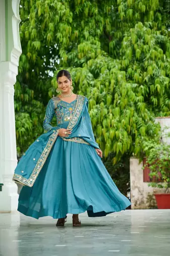 Blue Vichitra silk Embroidered Gown & Dupatta