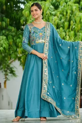Blue Vichitra silk Embroidered Gown & Dupatta