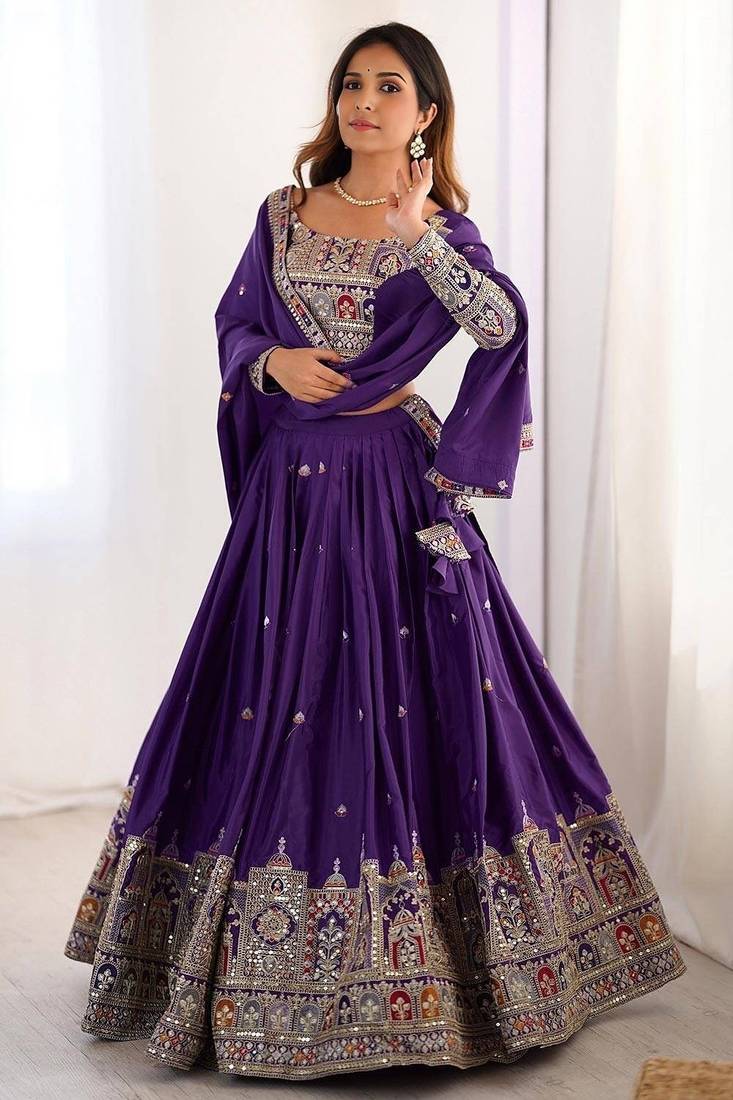 PURPLE EMBROIDERY SILK BLEND LEHENGA SET CHOLI WITH DUPATTA