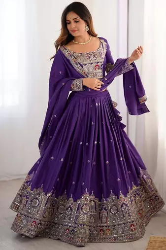 PURPLE EMBROIDERY SILK BLEND LEHENGA SET CHOLI WITH DUPATTA