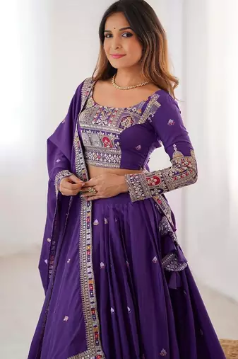 PURPLE EMBROIDERY SILK BLEND LEHENGA SET CHOLI WITH DUPATTA