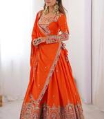 ORANGE EMBROIDERY SILK BLEND LEHENGA SET CHOLI WITH DUPATTA