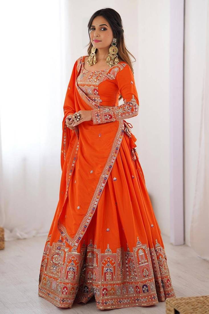 ORANGE EMBROIDERY SILK BLEND LEHENGA SET CHOLI WITH DUPATTA