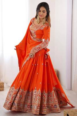 ORANGE EMBROIDERY SILK BLEND LEHENGA SET CHOLI WITH DUPATTA 2