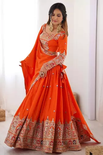 ORANGE EMBROIDERY SILK BLEND LEHENGA SET CHOLI WITH DUPATTA