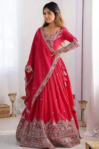 PINK EMBROIDERY SILK BLEND LEHENGA SET CHOLI WITH DUPATTA
