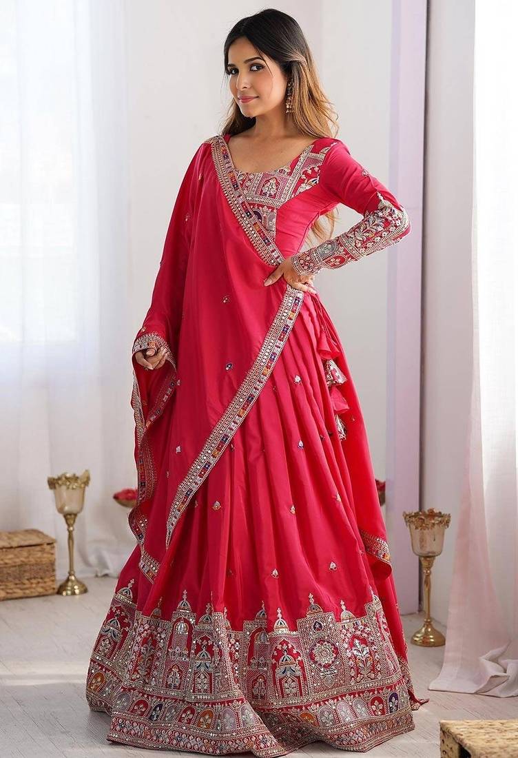 PINK EMBROIDERY SILK BLEND LEHENGA SET CHOLI WITH DUPATTA