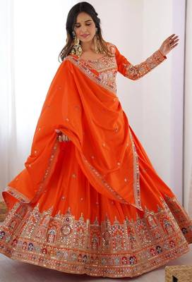 ORANGE EMBROIDERY SILK BLEND LEHENGA SET CHOLI WITH DUPATTA 3