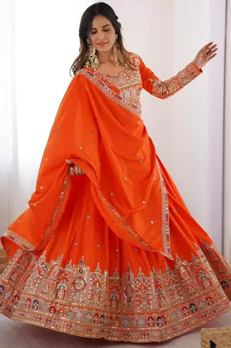 ORANGE EMBROIDERY SILK BLEND LEHENGA SET CHOLI WITH DUPATTA