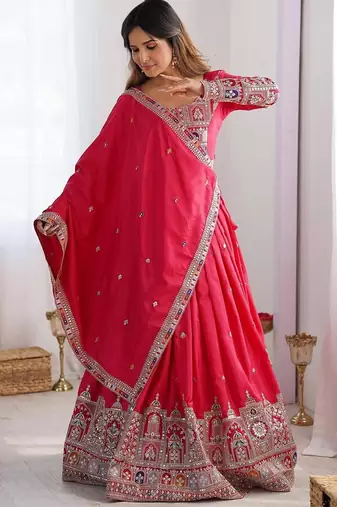 PINK EMBROIDERY SILK BLEND LEHENGA SET CHOLI WITH DUPATTA