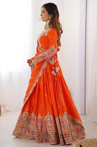 ORANGE EMBROIDERY SILK BLEND LEHENGA SET CHOLI WITH DUPATTA
