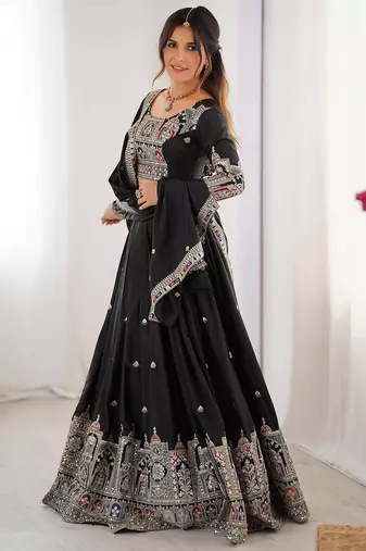 BLACK EMBROIDERY SILK BLEND LEHENGA SET CHOLI WITH DUPATTA