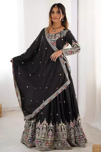BLACK EMBROIDERY SILK BLEND LEHENGA SET CHOLI WITH DUPATTA