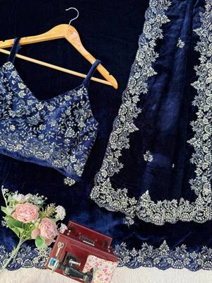blue velvet saree with embroidered unstitched 1