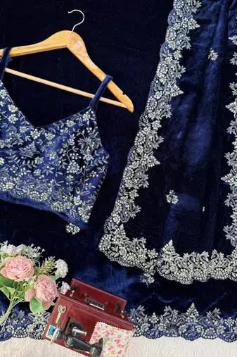 Blue Designer Saree in Elegance Velvet with Thread With Sequence work