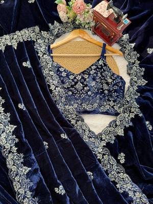 blue velvet saree with embroidered unstitched 2