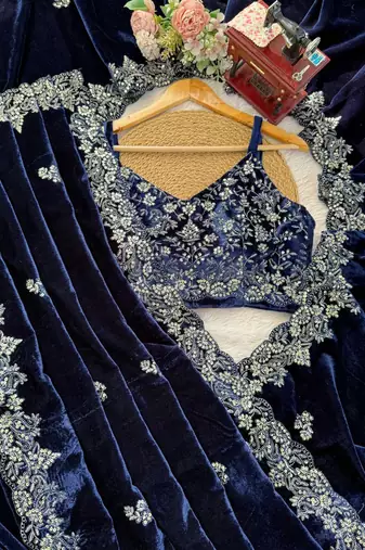 blue velvet saree with embroidered-unstitched