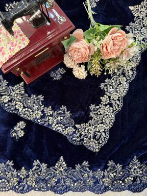 blue velvet saree with embroidered unstitched 3
