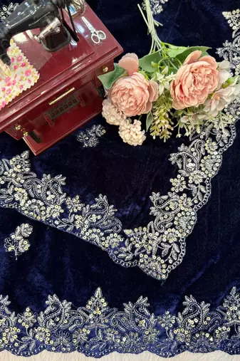 blue velvet saree with embroidered-unstitched