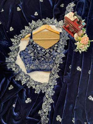 blue velvet saree with embroidered unstitched 4