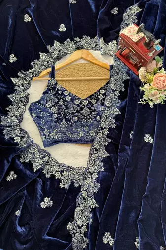blue velvet saree with embroidered-unstitched