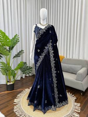 blue velvet saree with embroidered unstitched 5