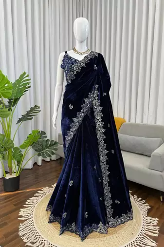 blue velvet saree with embroidered-unstitched
