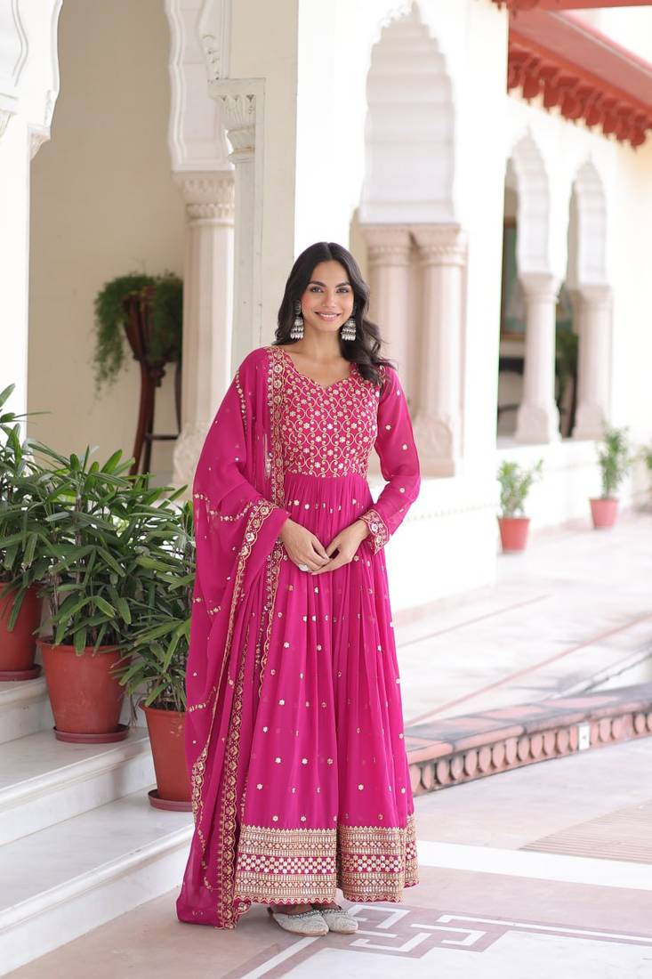 Rani Pink Georgette Embroidered Gown Set