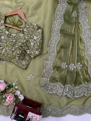 green art silk organza saree with embroidered unstitched 1