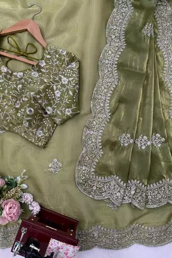 green art silk organza saree with embroidered-unstitched