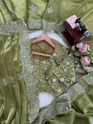 green art silk organza saree with embroidered unstitched 2