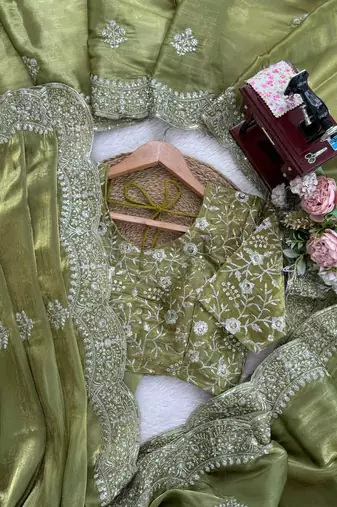 green art silk organza saree with embroidered unstitched