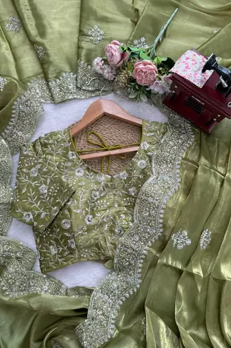 green art silk organza saree with embroidered unstitched