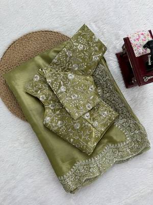 green art silk organza saree with embroidered unstitched 4