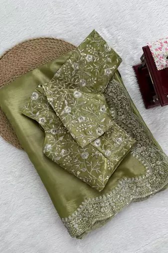 green art silk organza saree with embroidered unstitched