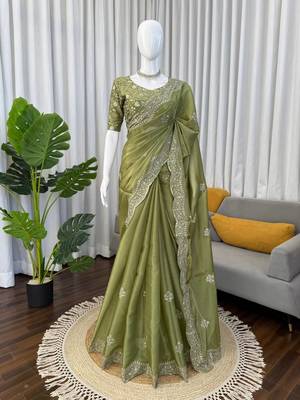 green art silk organza saree with embroidered unstitched 5