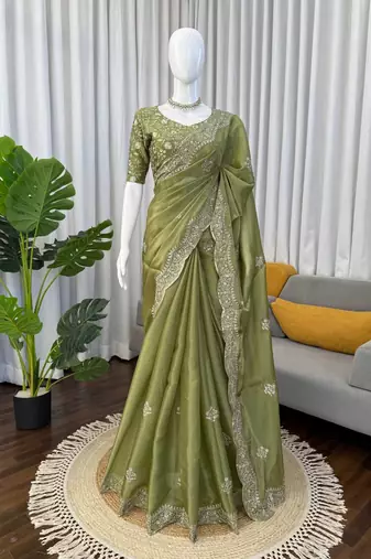 green art silk organza saree with embroidered unstitched