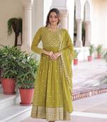 Green Georgette Embroidered Gown & Dupatta