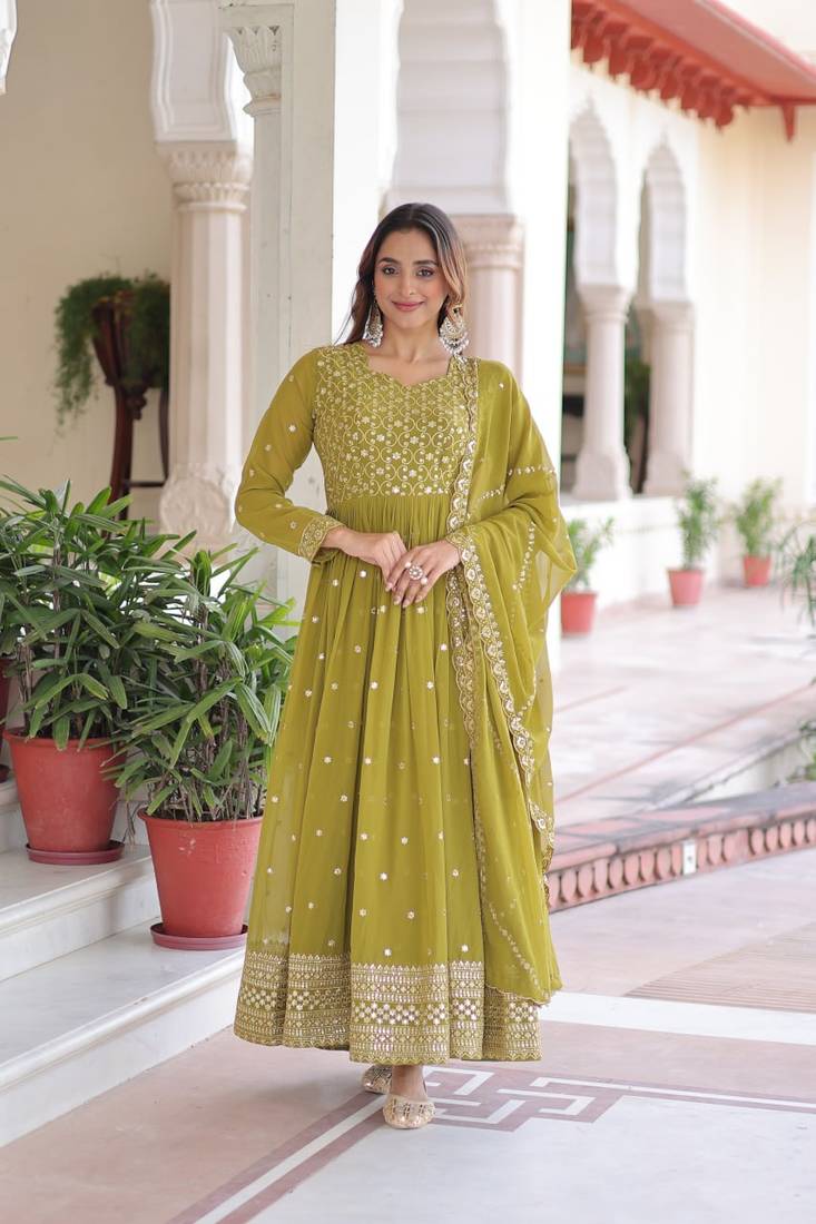 Green Georgette Embroidered Gown & Dupatta