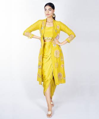 Yellow embroidered linen co ord set 1