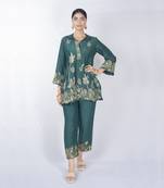 Green embroidered linen kurta set